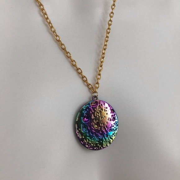 Iridescent Oil Slick Moon Pendent Necklace LONG! - Picture 2 of 6